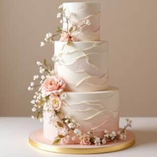 3-tier modern engagement cake with white to pink ombre, textured wave design, and cascading pink roses. Artistic custom wedding cake delivery in Hyderabad, Banjara Hills, and Jubilee Hills.