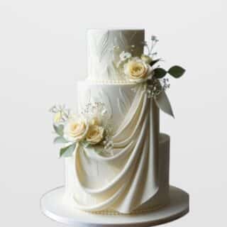 3-tier white engagement cake with elegant fondant drape, textured leaf pattern, and white roses. Classic custom wedding cake delivery in Hyderabad, Banjara Hills, and Jubilee Hills.