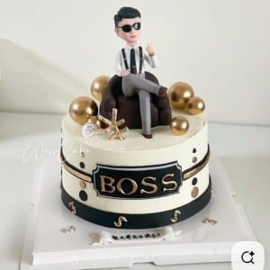 Luxury boss birthday cake with 3D caricature of man in sunglasses, gold spheres, and BOSS sign. Custom corporate cake delivery in Hyderabad, Hitech City, and Madhapur.
