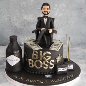Black and gold Big Boss birthday cake with 3D man caricature, edible Hendrick's gin bottle, designer bags, and money. Luxury custom cake for husband delivery in Hyderabad, Jubilee Hills, and Hitech City.